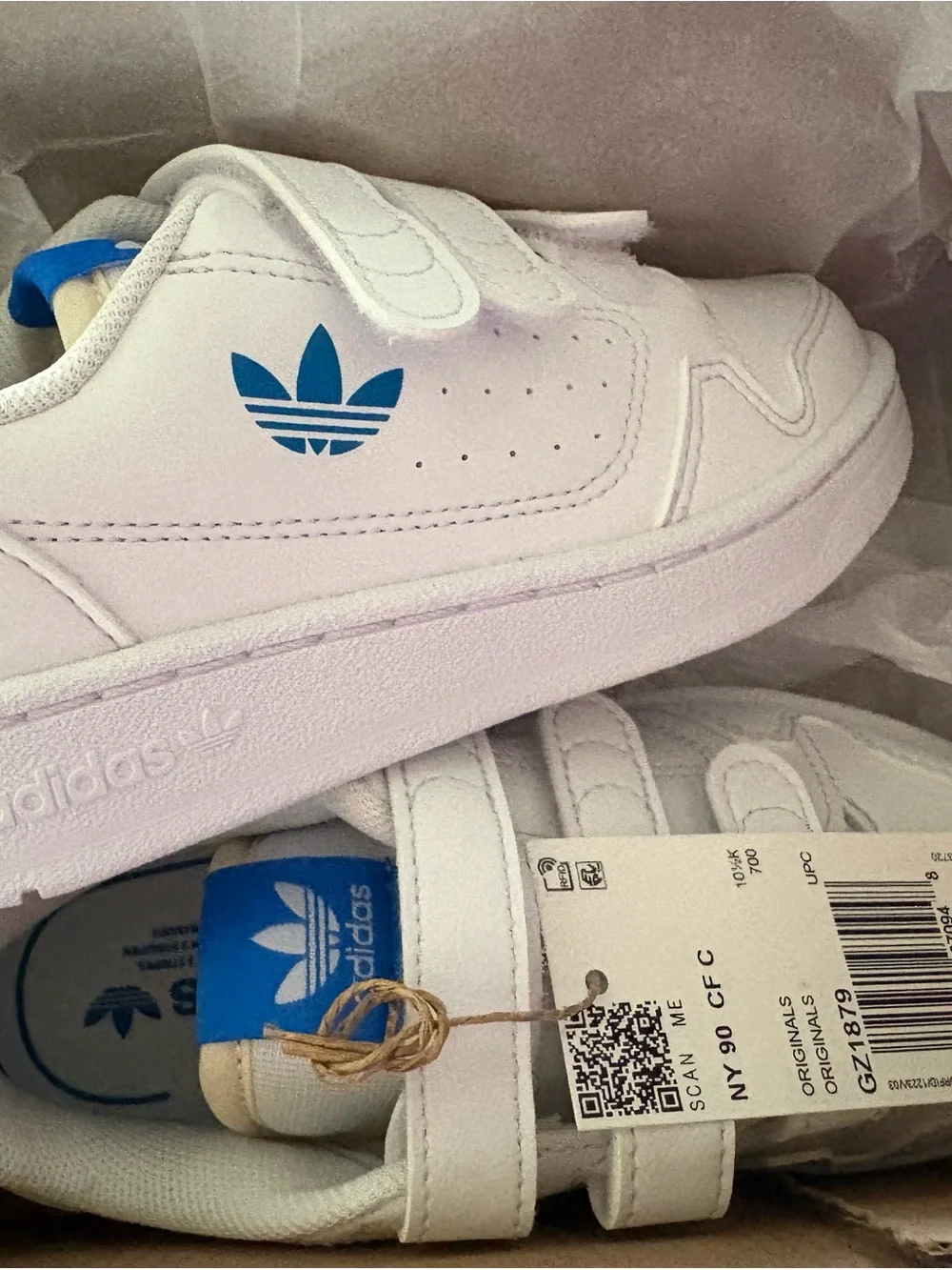 adidas Kids White Sneakers with Blue Trefoil Accents